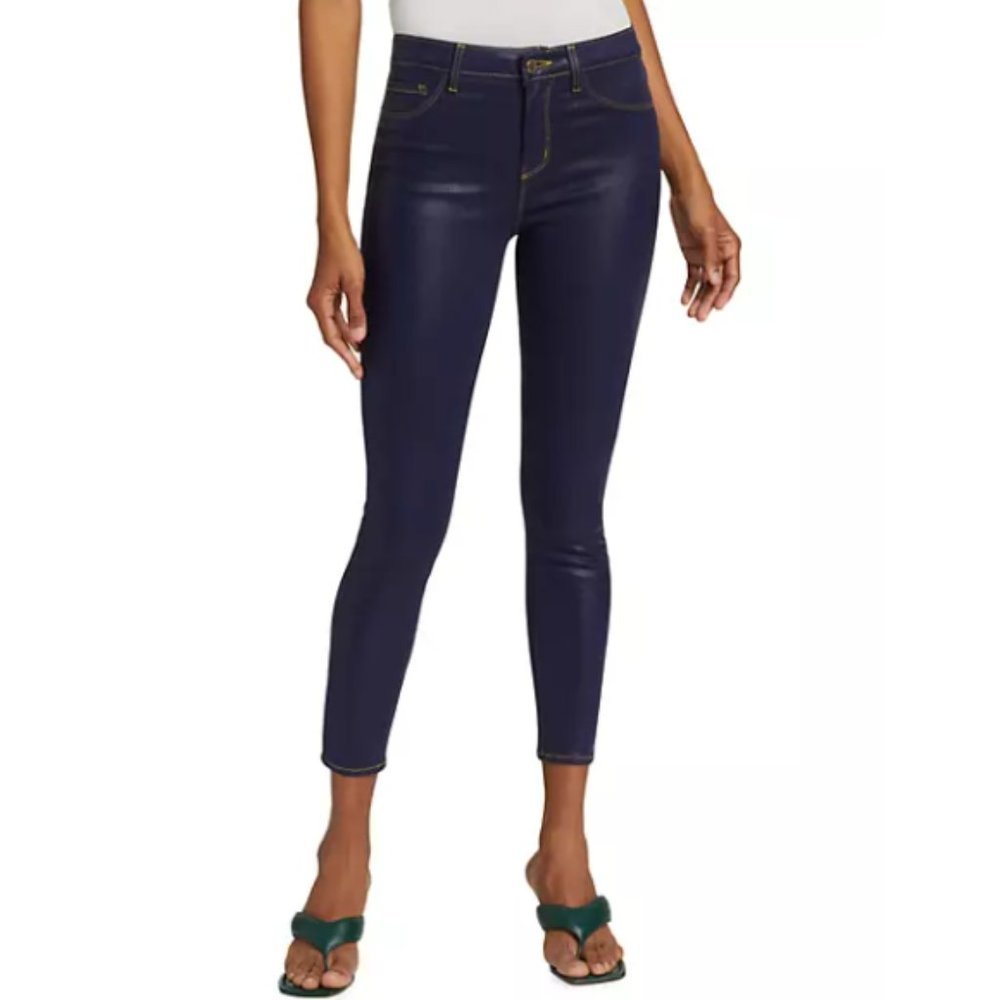 L'AGENCE 'Margot' Coated High-Rise Contrast-Stitch Skinny Jeans, Midnight/Gold